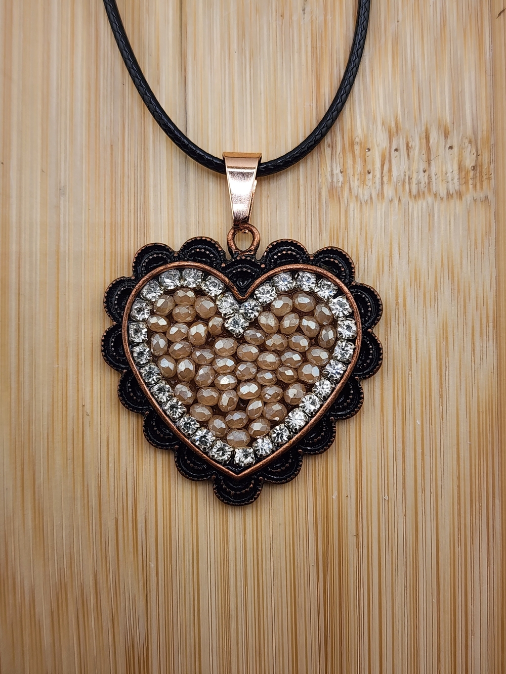Heart Pendant Necklace with Brown Beads and Clear Crystals